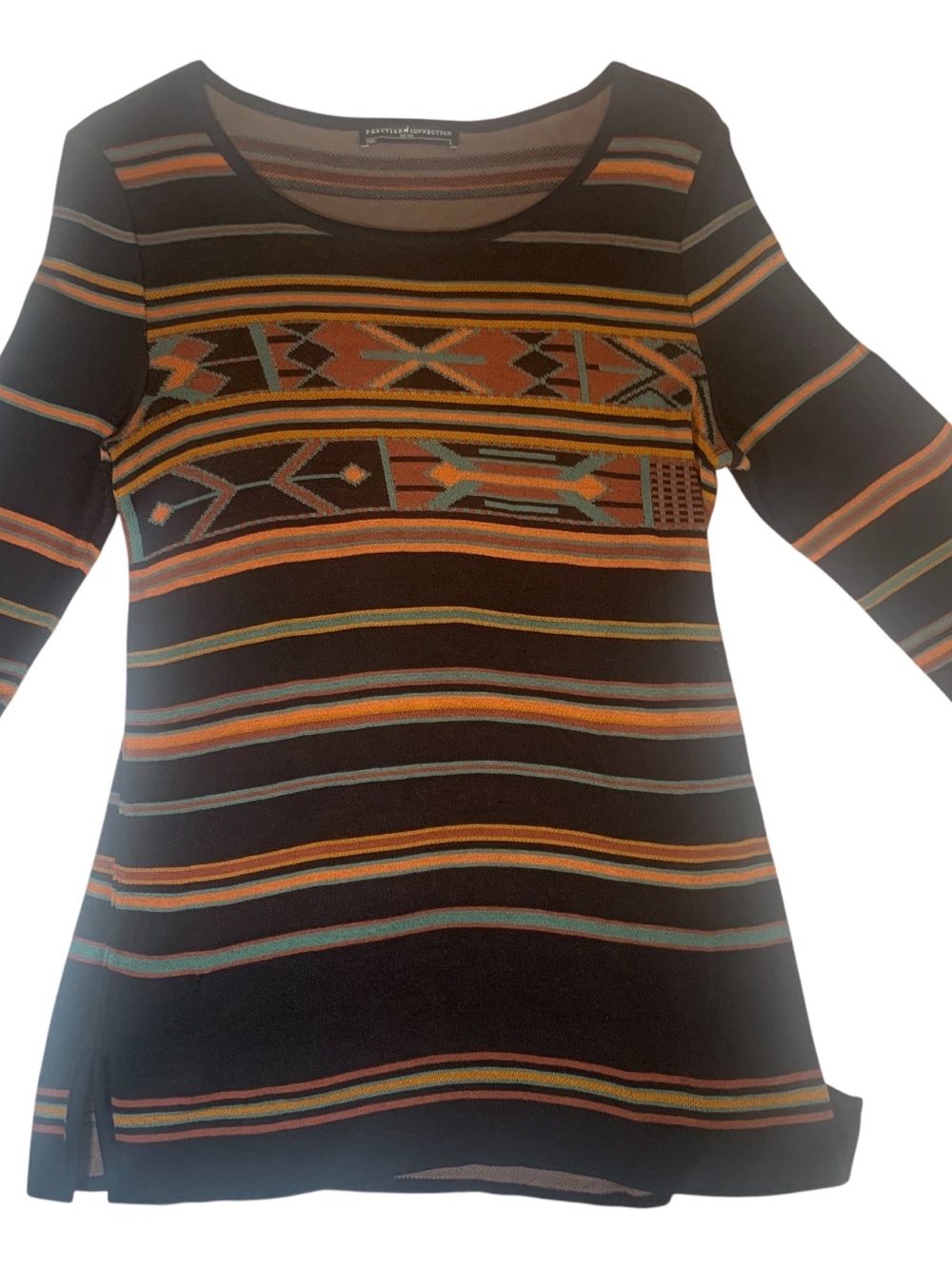 Peruvian Connection Brown Striped Southwestern Tunic Ladies size Small